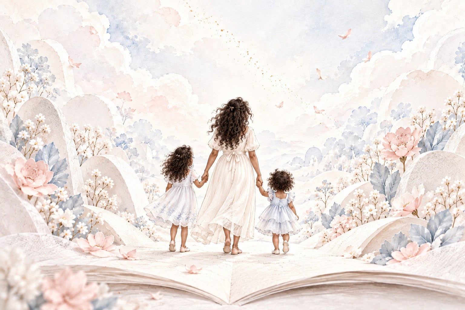 Une maman et ses deux petites filles, de dos, contemplent un ciel étoilé.