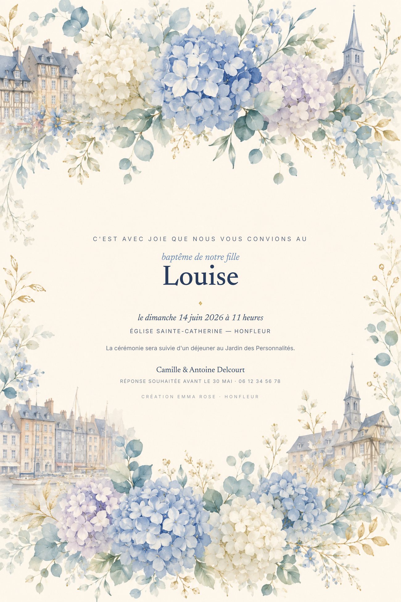 Aquarelle exclusive Emma Rose : hortensias, colombages de Honfleur et clocher de Sainte-Catherine