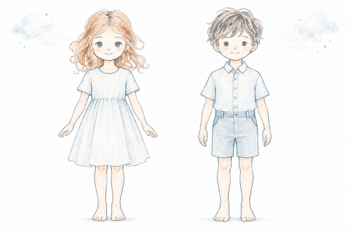 Une fille et un garçon pieds nus, avec trois repères illustrés : 1 stature, 2 poitrine, 3 taille.